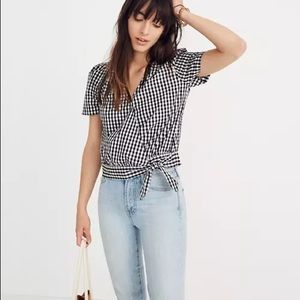 Short Sleeve Wrap Top in B/W Gingham